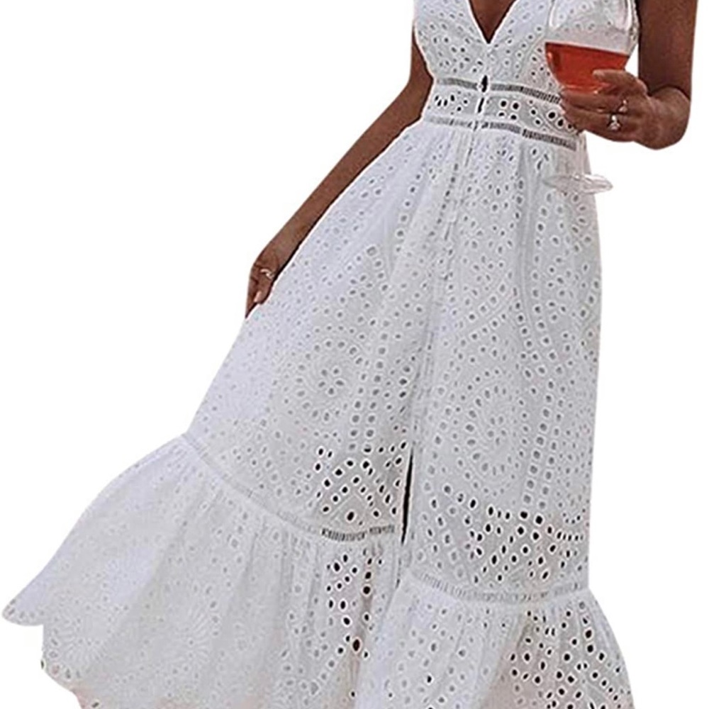 BerryGo Women's Embroidery Pearl Button Down Dress V Neck Spaghetti Strap Maxi